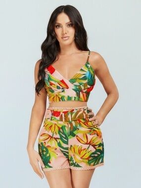 Belted Lace Trim Tropical Palm Print by L’Atiste by Amy Size Small NWOT Vacay
